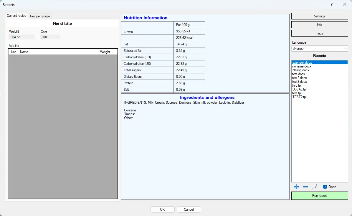 Screenshot: Reports Dialog