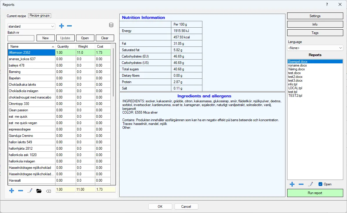 Screenshot: Reports Dialog