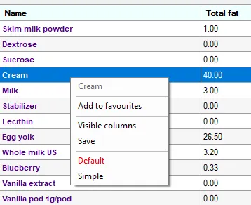 Screenshot: Ingredient Database Dialog