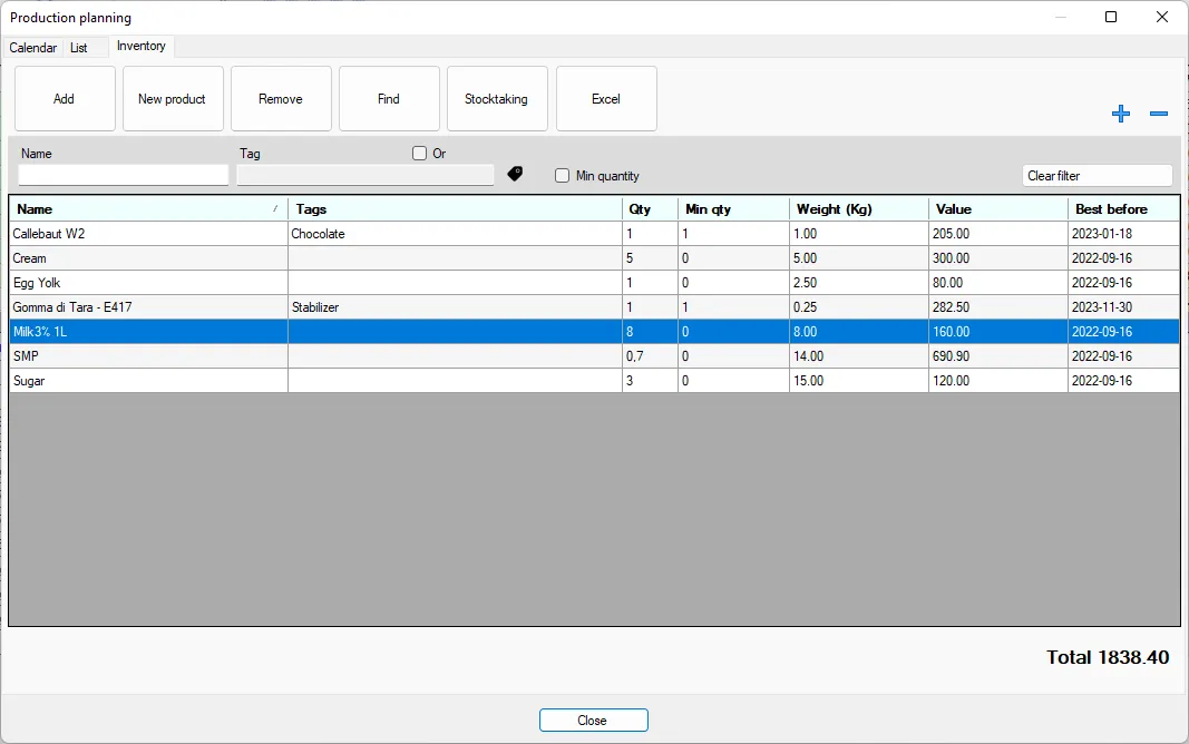 Screenshot: Production planning