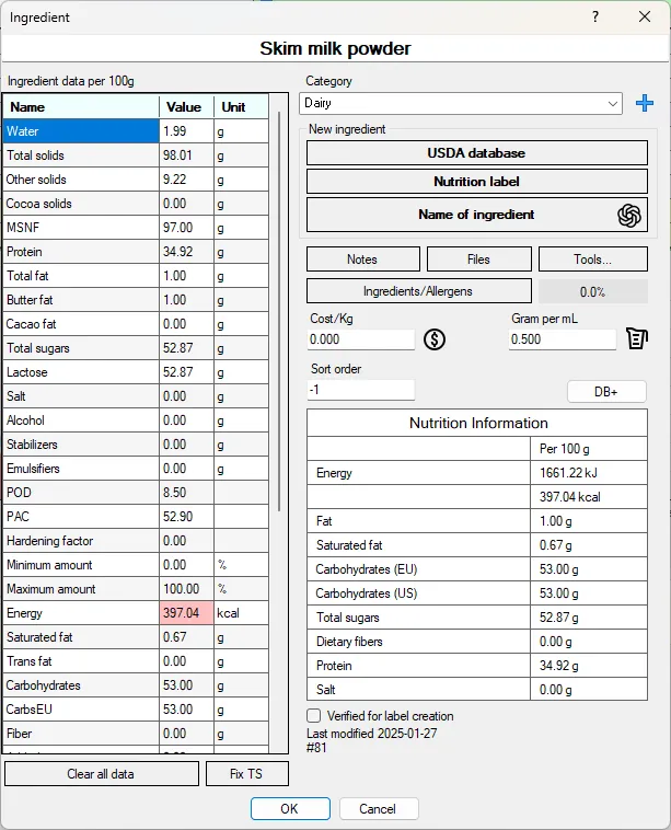 Screenshot: Ingredient Dialog