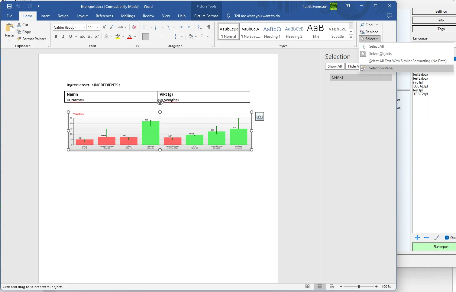 Screenshot: Reports Dialog
