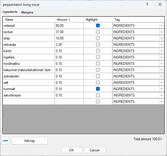 Screenshot: Ingredient Allergens Dialog