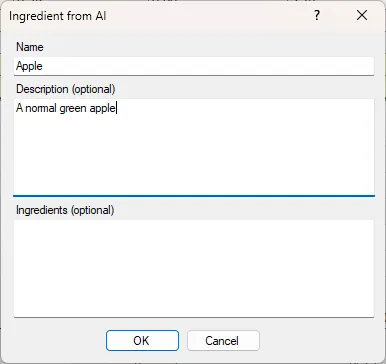 Screenshot: Ingredient from AI Dialog