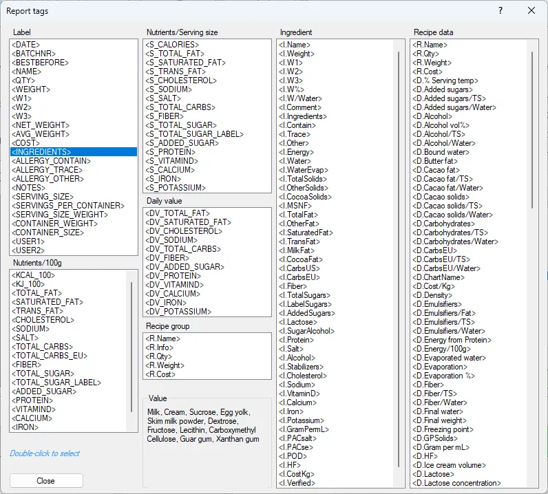 Screenshot: Report Tags Dialog