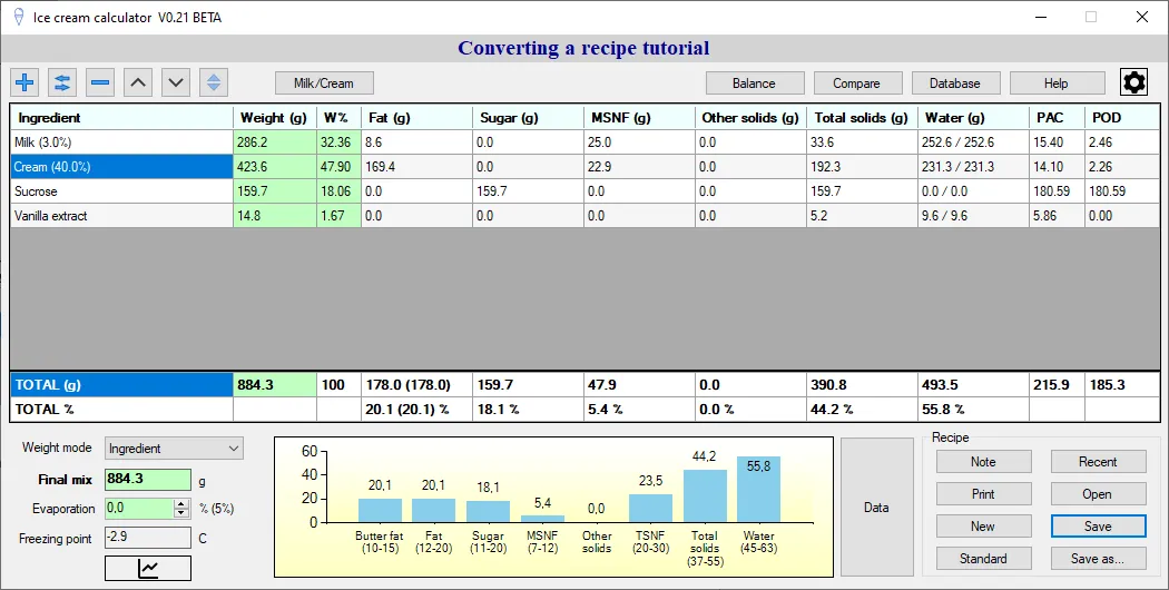 Screenshot: Converting a recipe