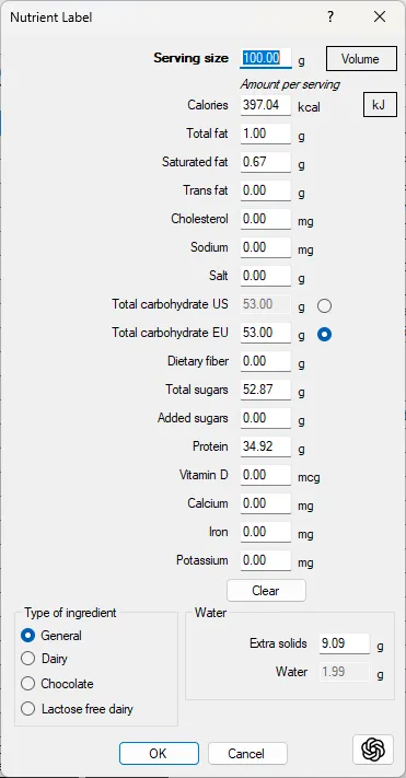Screenshot: Nutrient Label Dialog