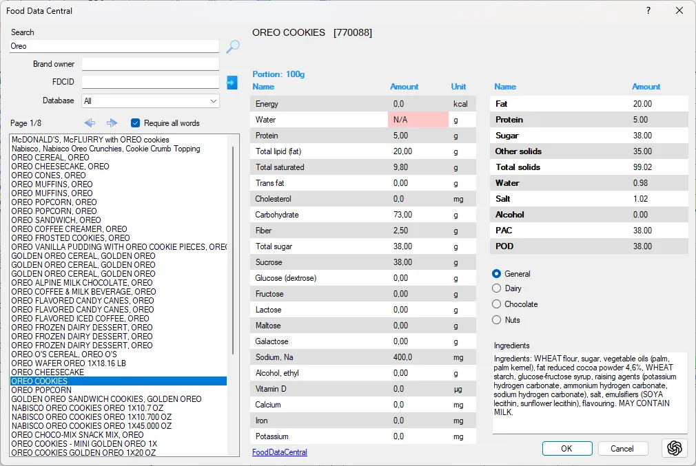 Screenshot: Food Data Central Dialog