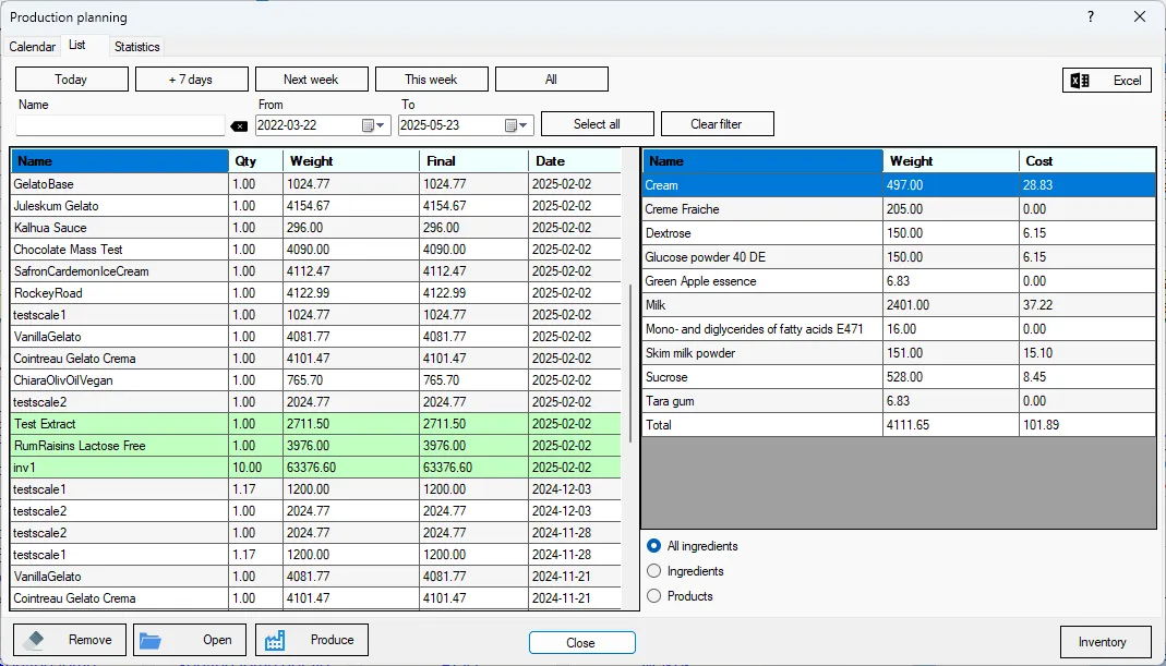 Screenshot: Production Planning Dialog