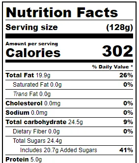 US Nutrition Facts label. Serving size 128 g, 302 calories. Total fat 19.9 g (26 %), saturated fat 0.0 g, trans fat 0.0 g, cholesterol 0.0 mg, sodium 0.0 mg, total carbohydrate 24.5 g (9 %), dietary fiber 0.0 g, total sugars 24.4 g, including 20.7 g added sugars (41 %), protein 5.0 g.